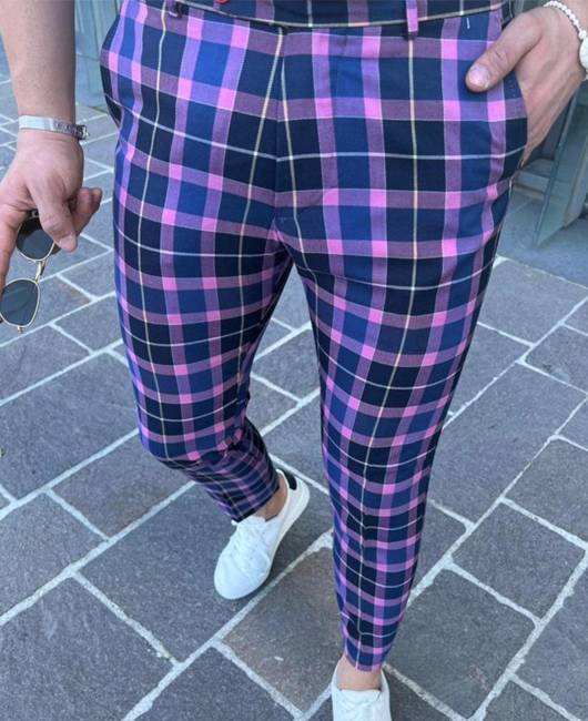 Fashion Color Block Plaid Pocket Straight Pencil Pants