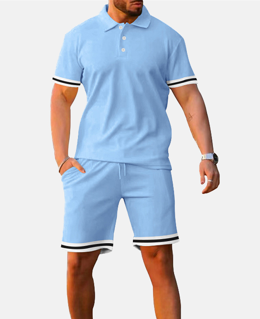 Sporty Plain Striped Trim Polo Shirt & Drawstring Shorts 2Pcs Set