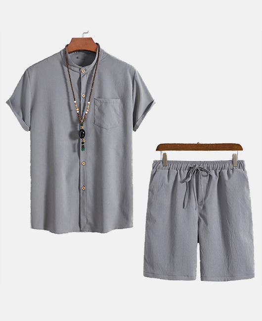 Minimalist Plain Stand Collar Short Sleeve Shirt & Shorts 2Pcs Set