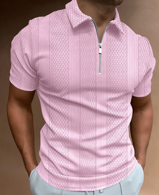 Casual Vertical Stripe Jacquard Lapel Collar Short Sleeve Half Zipper Polo Shirt