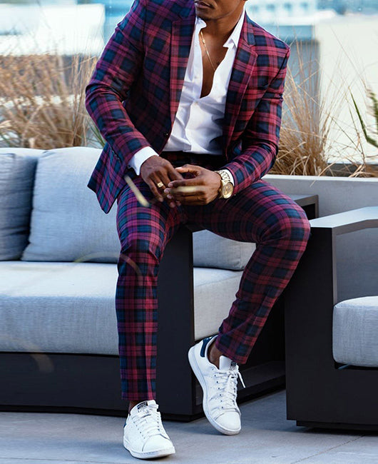 Casual Plaid Lapel Collar Blazer & Pants Set