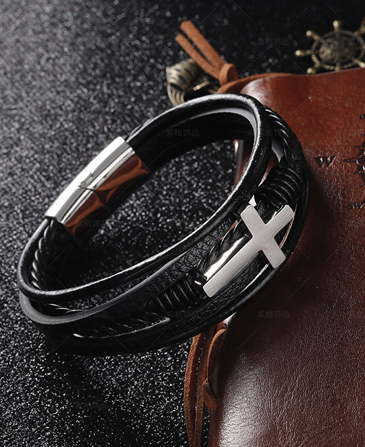 Casual Crucifix Decor Braided Stack Leather Bracelet
