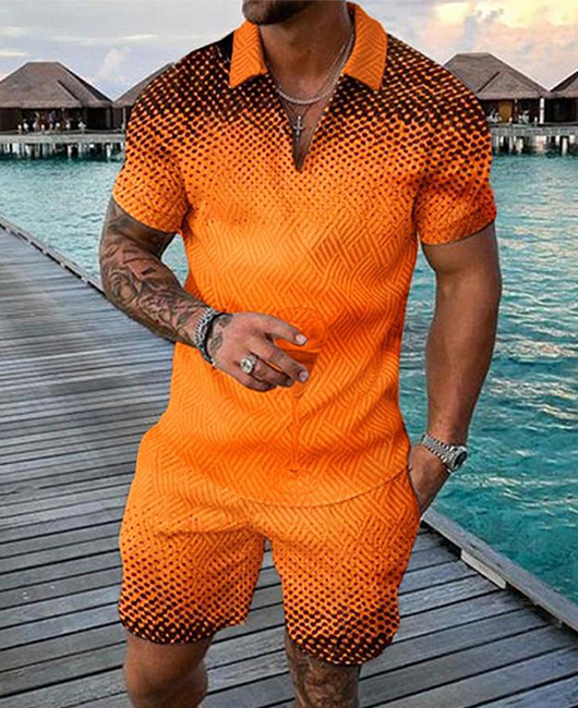Casual Digital Print Zipper Short Sleeve Polo Shirt & Shorts 2Pcs Set