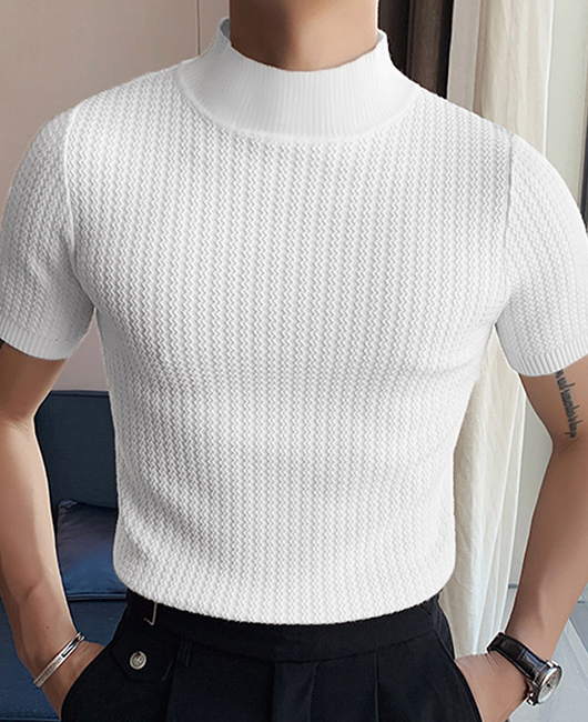 Fashion Plain Mock Neck Short Sleeve Slim Fit Shirt