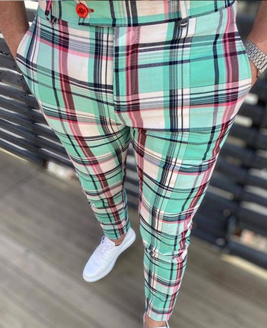 OK Fashion Color Block Plaid Print Slim Fit Pencil Pants