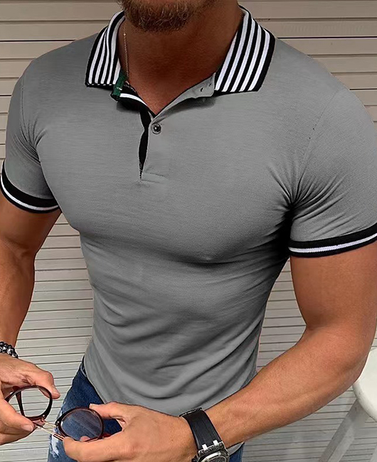 Casual Striped Trim Lapel Collar Short Sleeve Polo Shirt