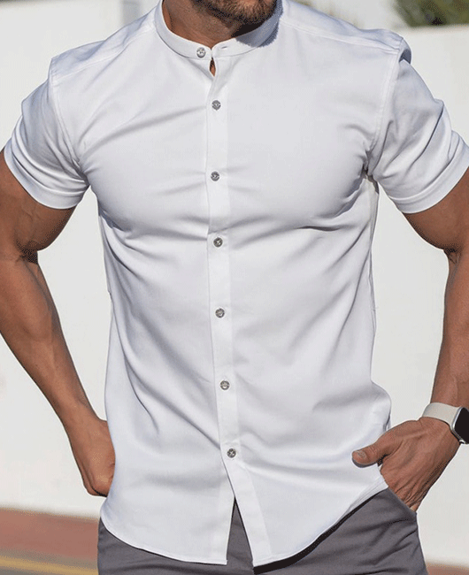 Casual Plain Stand Collar Short Sleeve Slim Fit Button Shirt