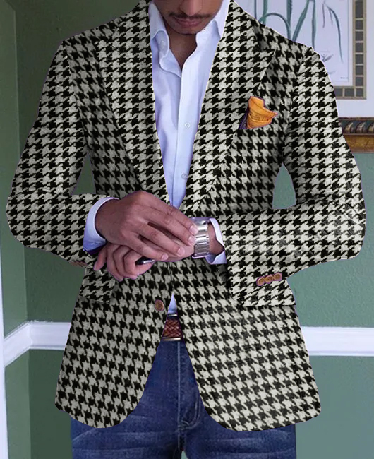 Houndstooth Pattern Pockets Single Breasted Lapel Collar Blazer