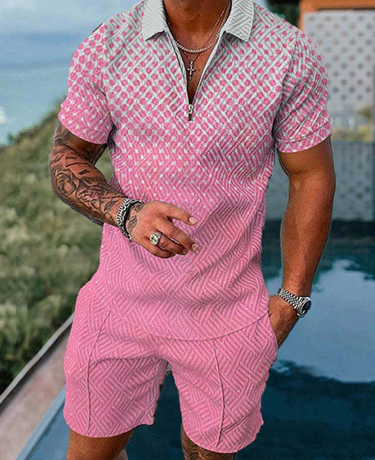 Casual Polka Dot Lapel Collar Zipper Short Sleeve Polo Shirt & Shorts 2Pcs Set