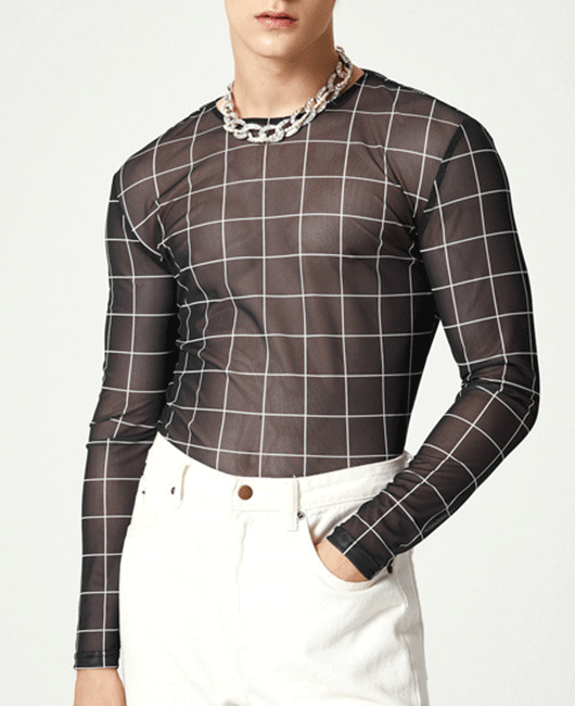 Sexy Plaid Print Sheer Mesh Long Sleeve Slim Fit Shirt