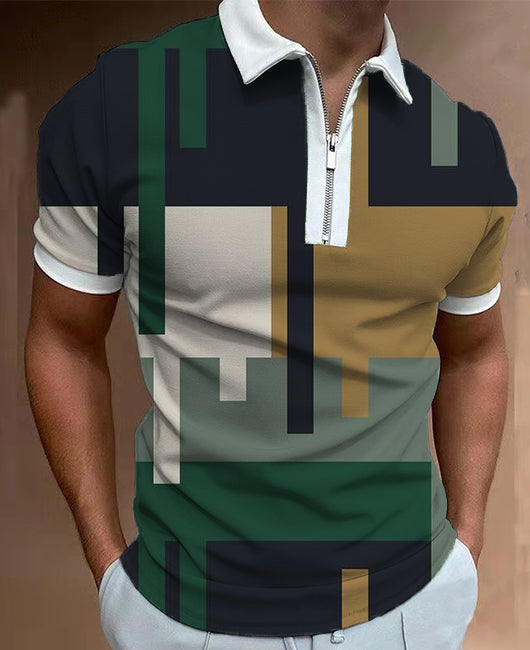 Casual Contrast Color Geometry Lapel Collar Zipper Short Sleeve Polo Shirt
