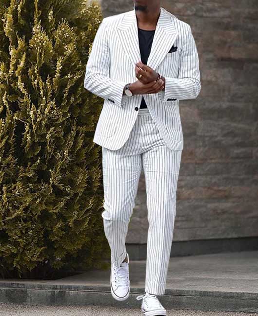 OK Elegant White Striped Print Lapel Collar Blazer & Pants 2Pcs Set
