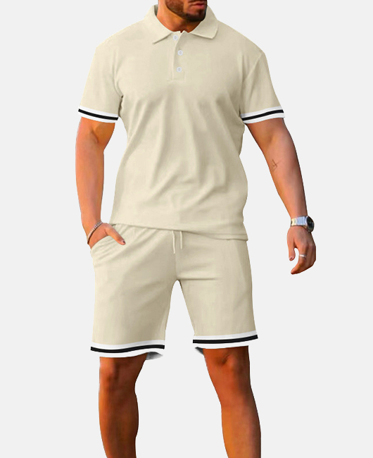 Sporty Plain Striped Trim Polo Shirt & Drawstring Shorts 2Pcs Set