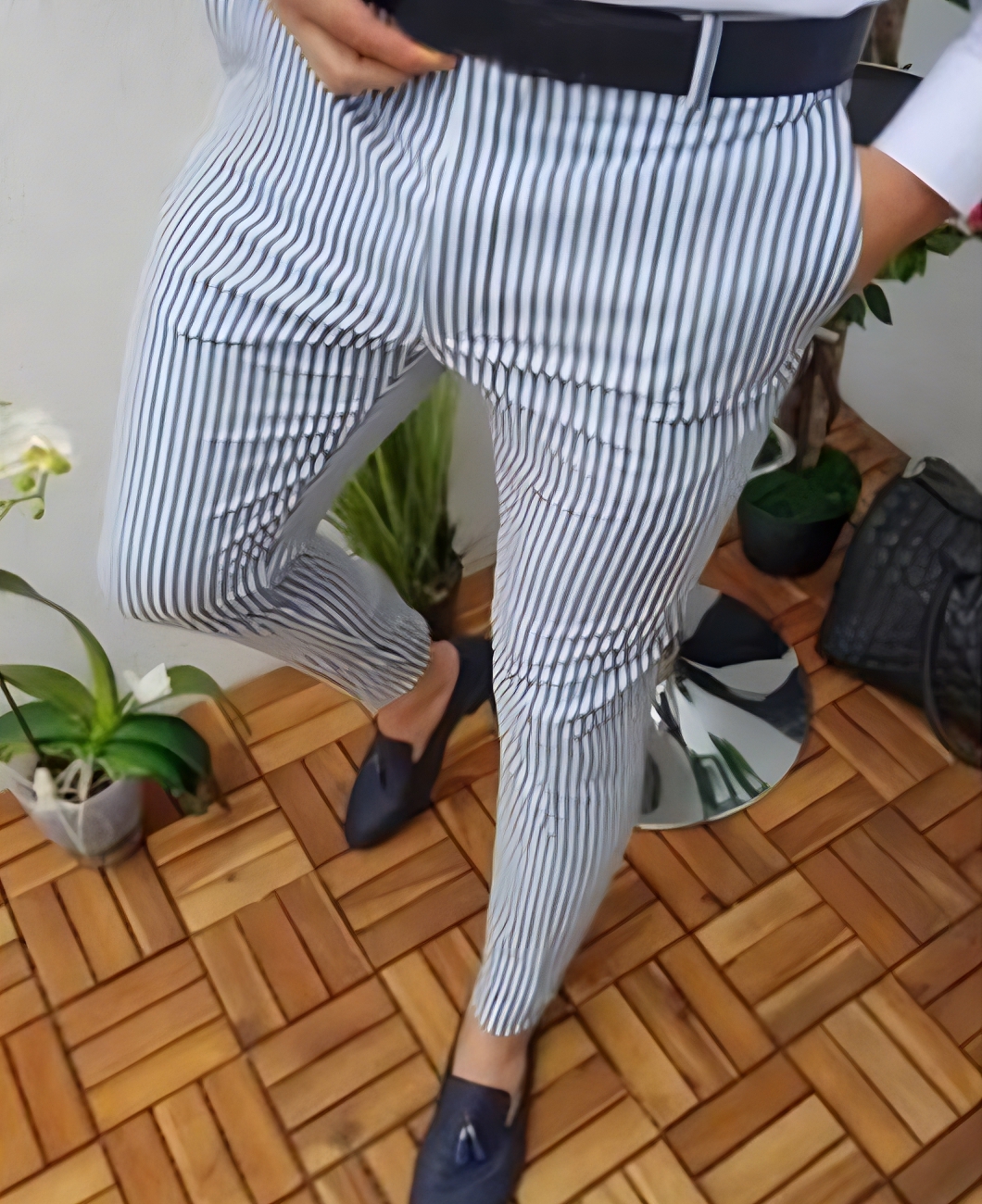 Casual Vertical Stripe Pocket Straight Slim Fit Pencil Pants