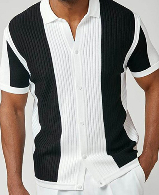 Fashion Color Block Stripe Lapel Collar Short Sleeve Slim Fit Shirt