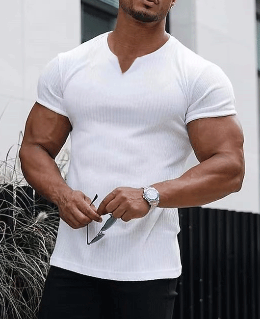 Sporty Plain Pit Strip Notch Neck Short Sleeve Shirt