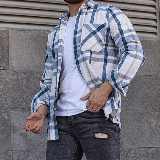 Striped Plaid Texture Fleece Long-sleeved Shirt