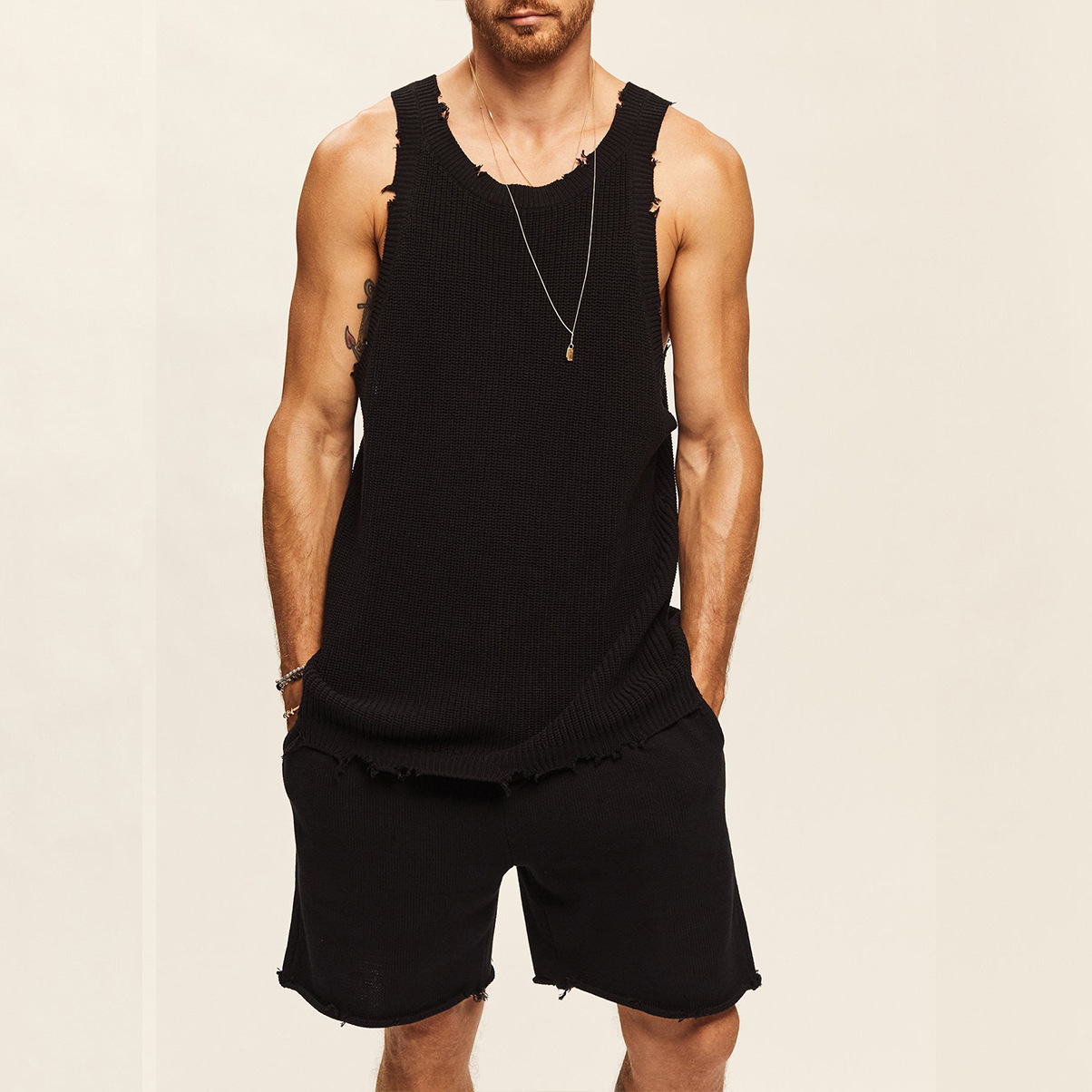 Men's Casual Knit Sleeveless Athletic Shorts Set 03