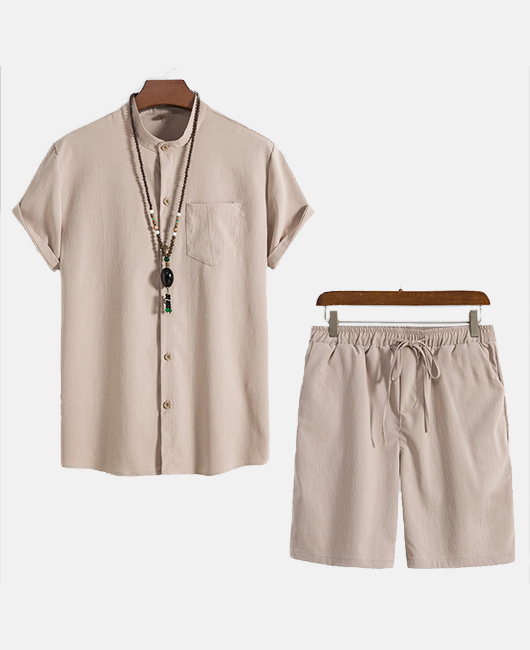 Minimalist Plain Stand Collar Short Sleeve Shirt & Shorts 2Pcs Set