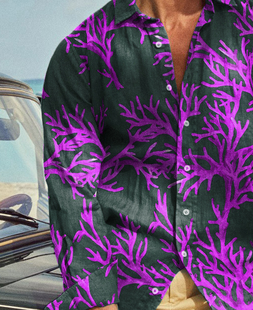 Casual Coral Print Lapel Collar Long Sleeve Button Shirt