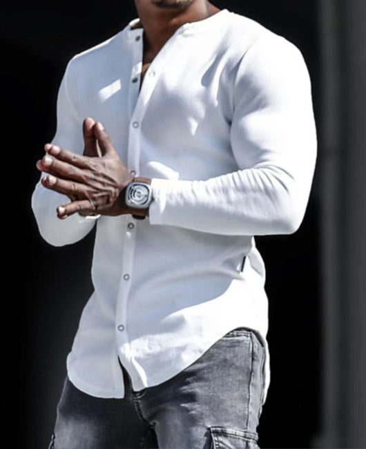 Plain Collarless Snap Button Shirt