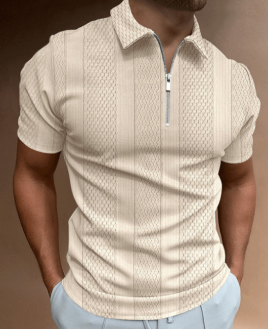 Casual Vertical Stripe Jacquard Lapel Collar Short Sleeve Half Zipper Polo Shirt
