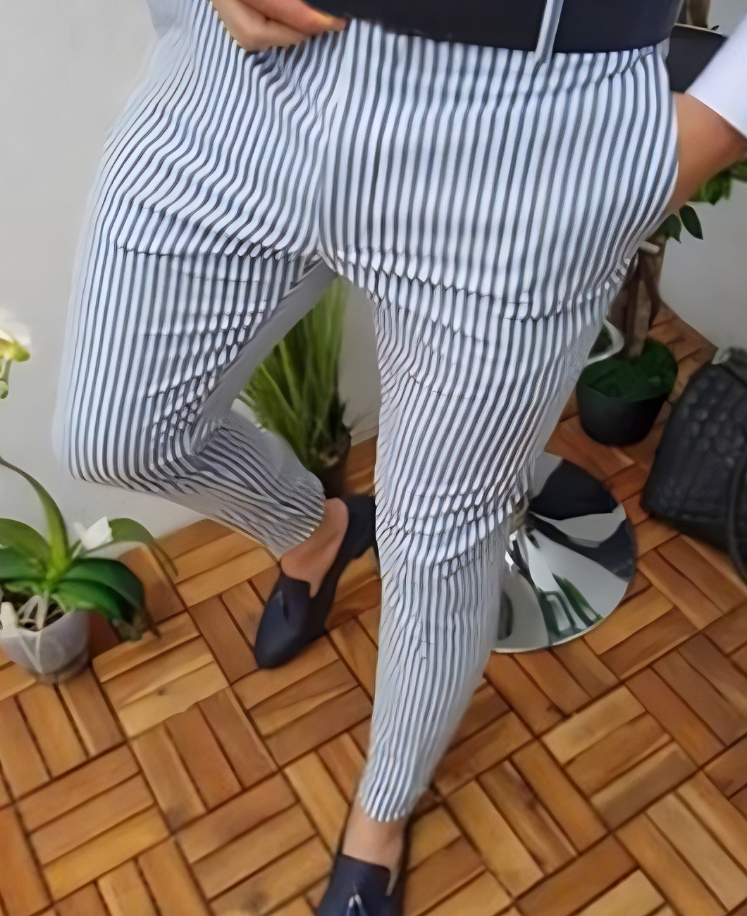 Casual Vertical Stripe Pocket Straight Slim Fit Pencil Pants