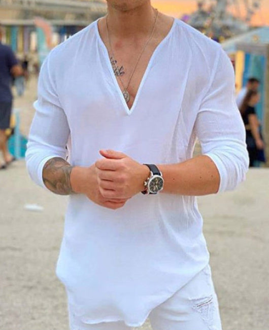 Men Solid Color V Neck Long Sleeve T-shirt